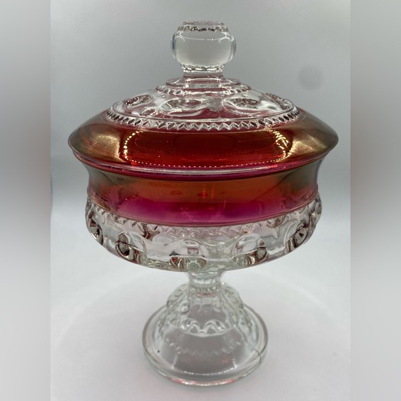 Tiffin-Franciscan Kings Crown Thumbprint Ruby Flashed Lidded Compote Candy Dish - Picture 5 of 13